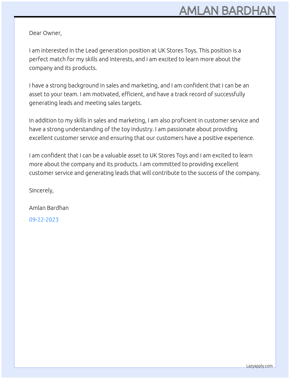 Lead generation At UK Stores Toys Cover Letter