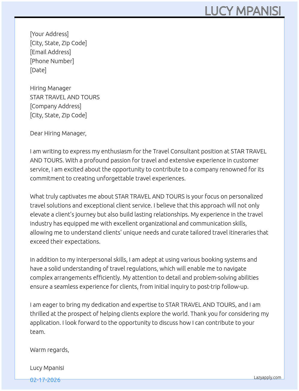 Travel consultant  At STAR TRAVEL AND TOURS Cover Letter