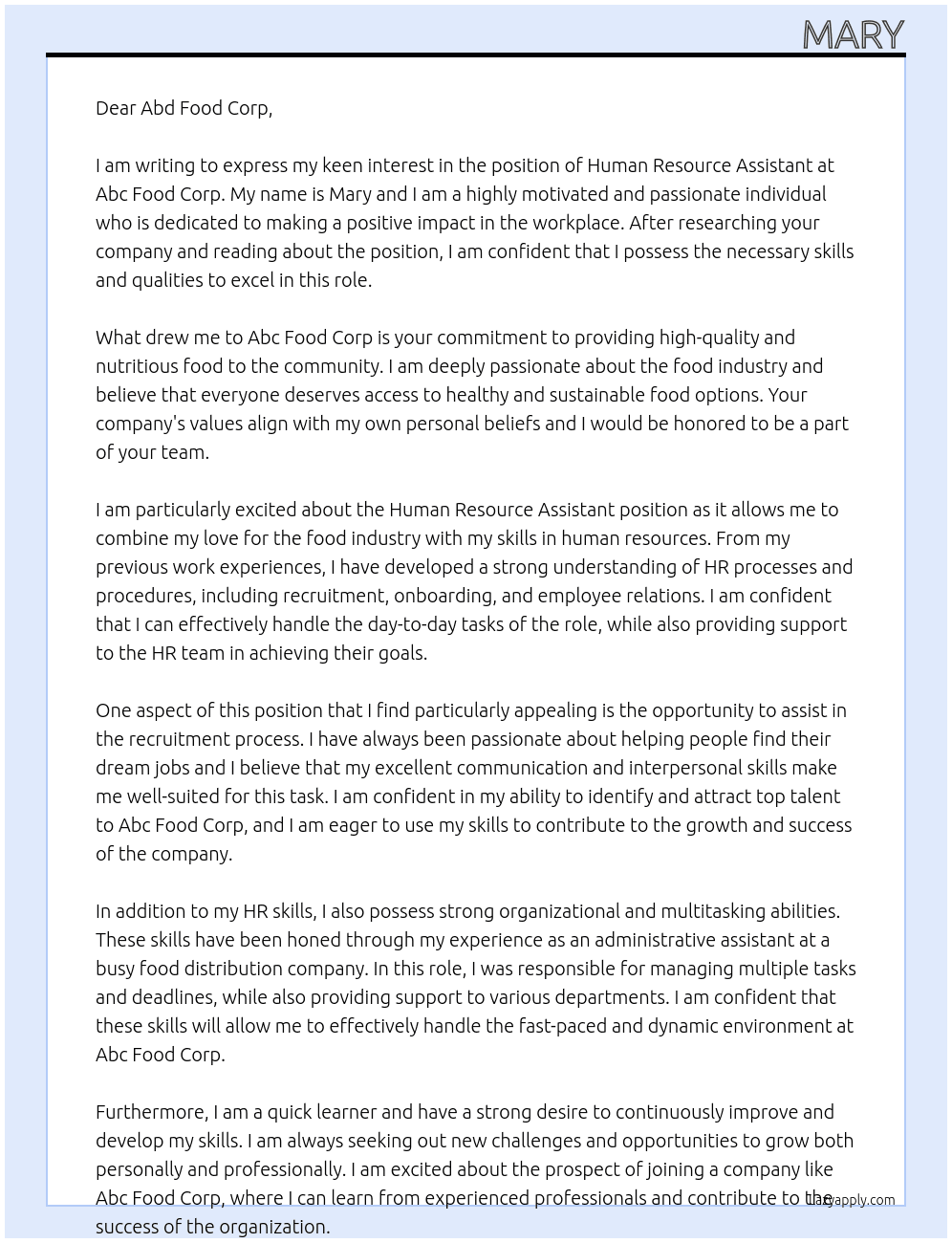 Human Resource Assistant At Abc food corp Cover Letter