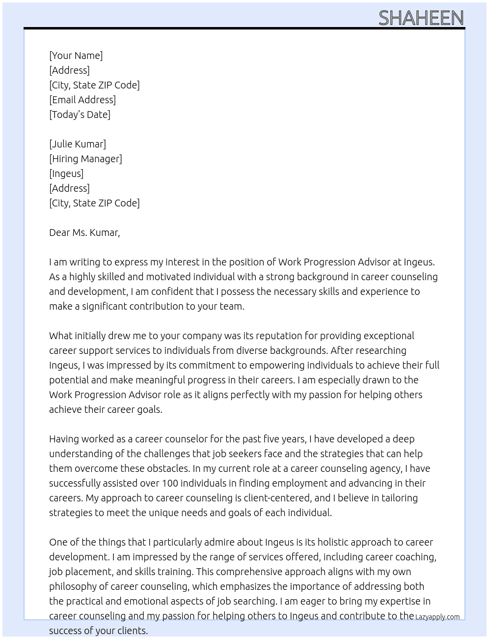 n Work Progression Advisors At Ingeus  Cover Letter