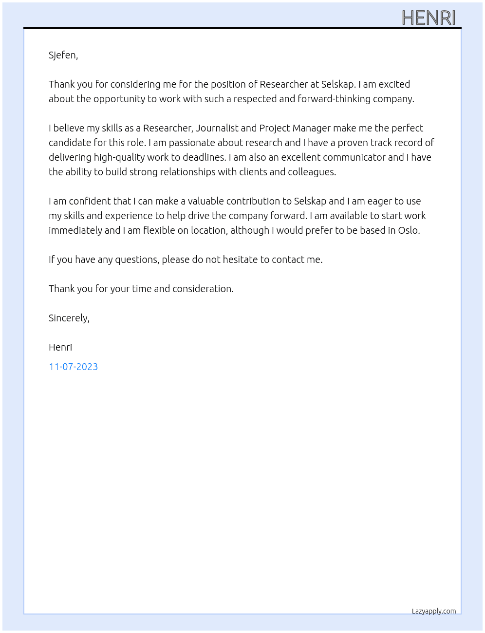 Reseacher At Selskap Cover Letter