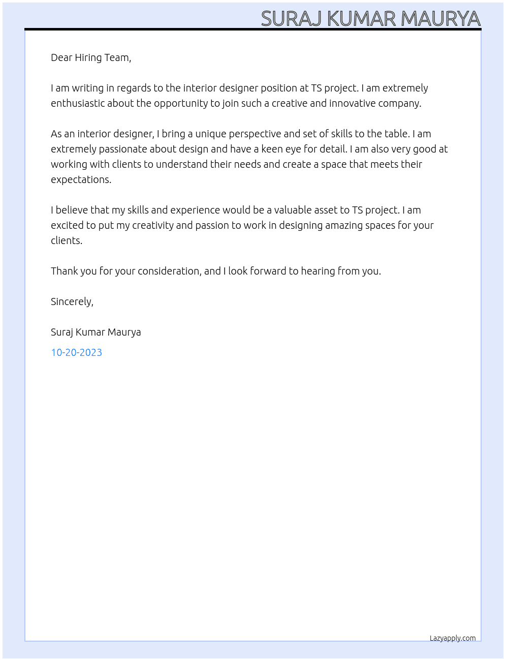 INTERIOR DESIGNER At TS project Cover Letter