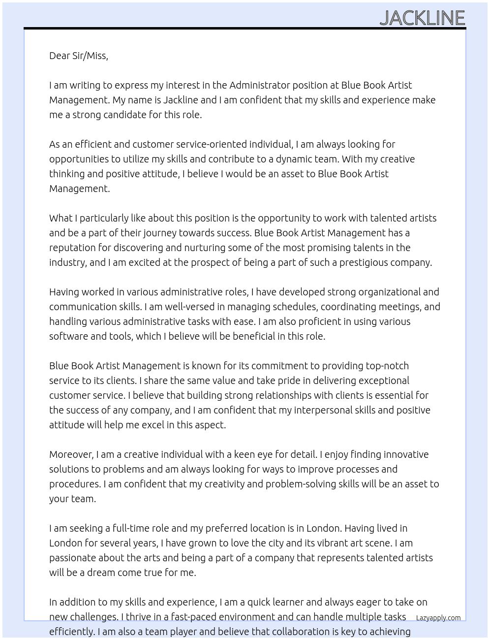 Administrator  At Blue Book Artist Management Cover Letter