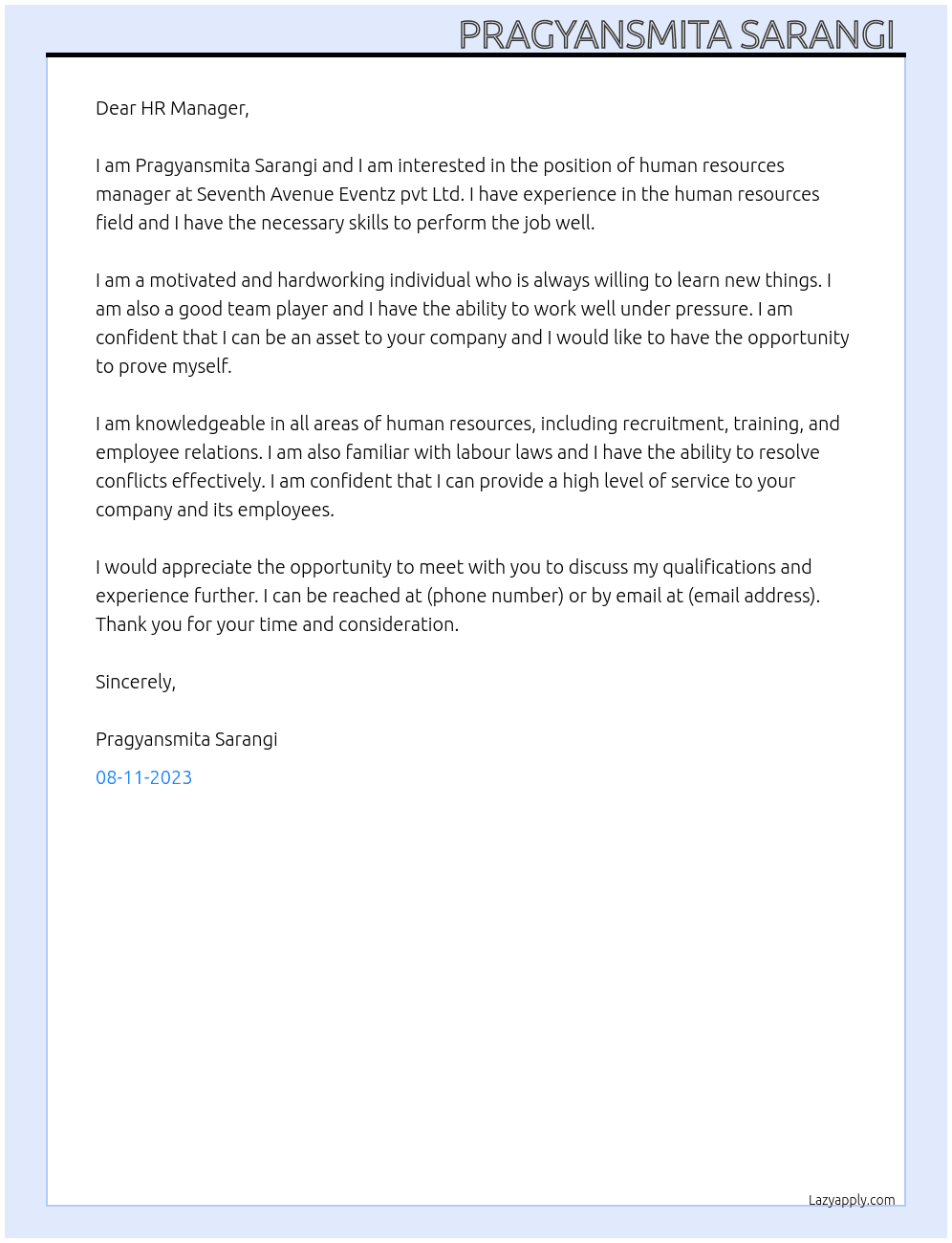 Human resources manager  At Seventh Avenue Eventz pvt Ltd Cover Letter