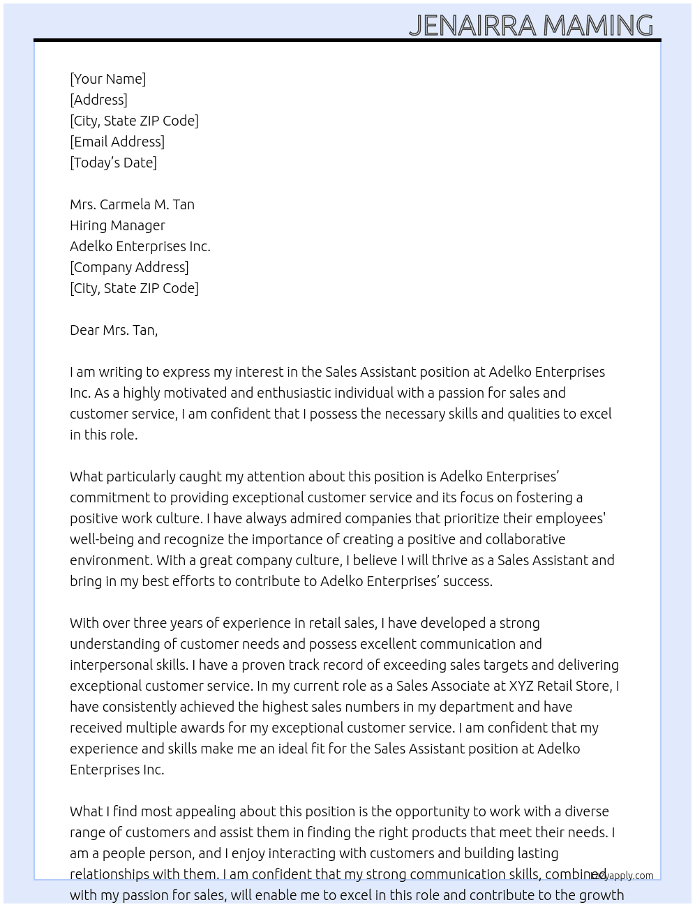 Sales Assistant  At Adelko Enterprises Inc.  Cover Letter