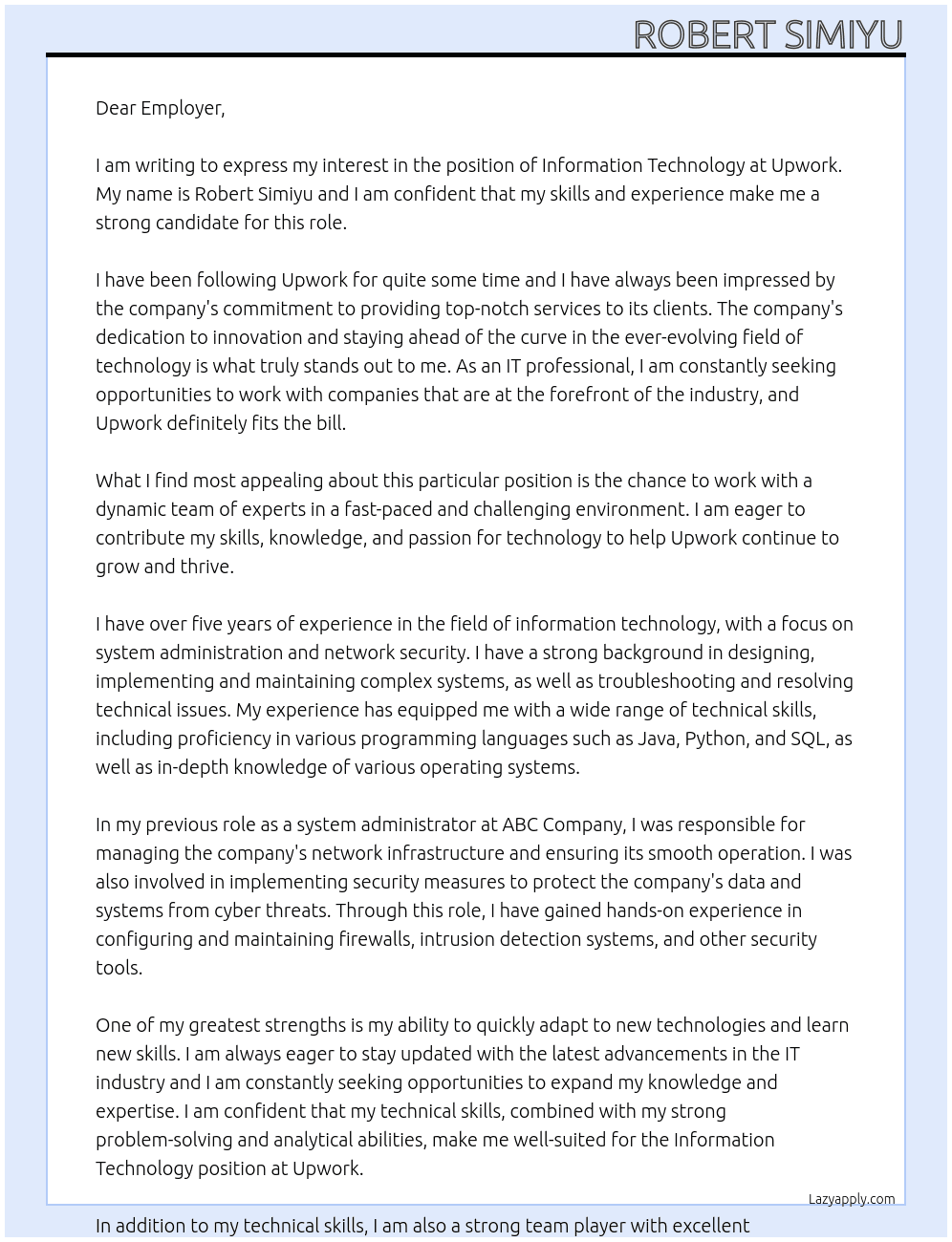 information technology At Upwork Cover Letter