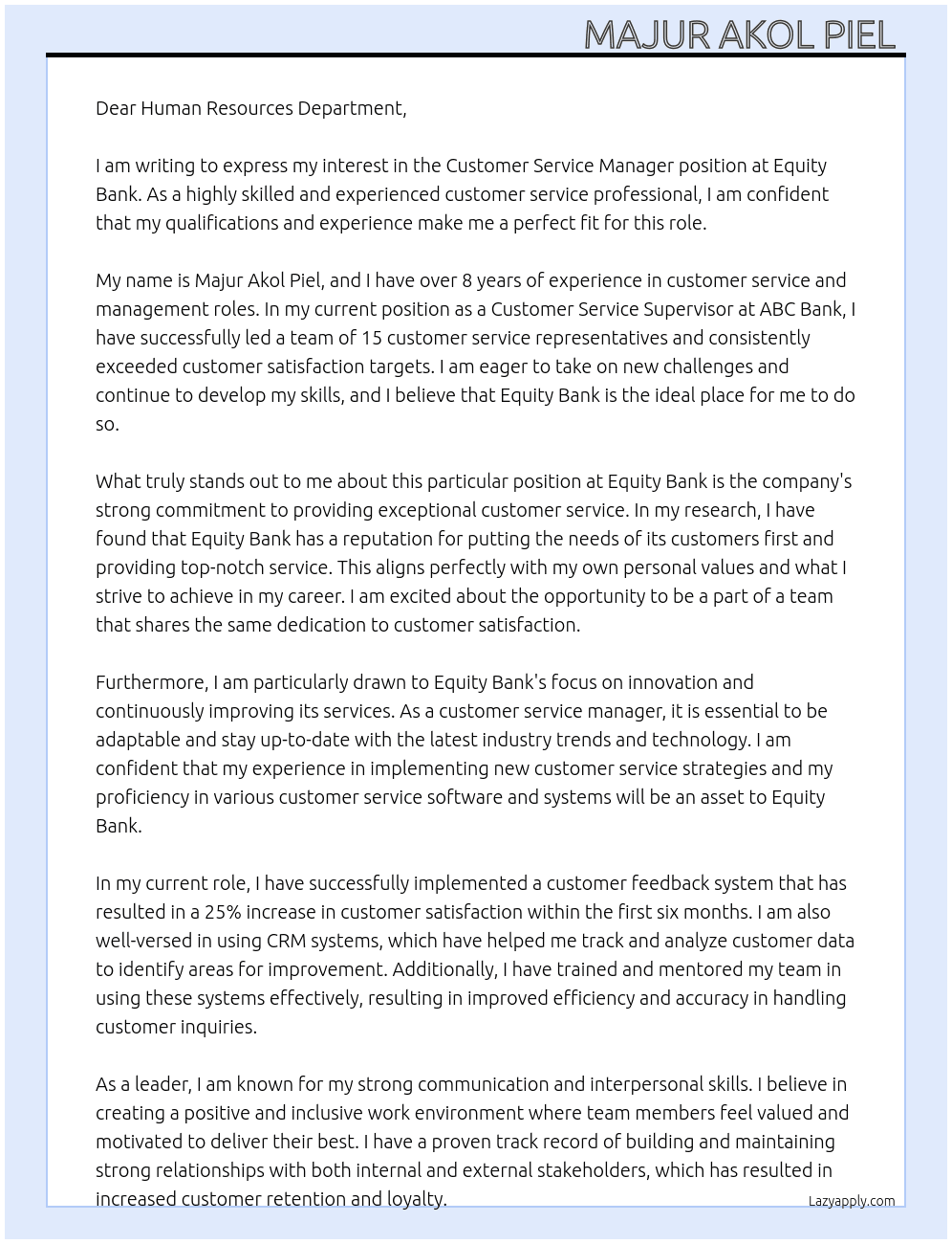 Customer Service Manager At Equity Bank  Cover Letter