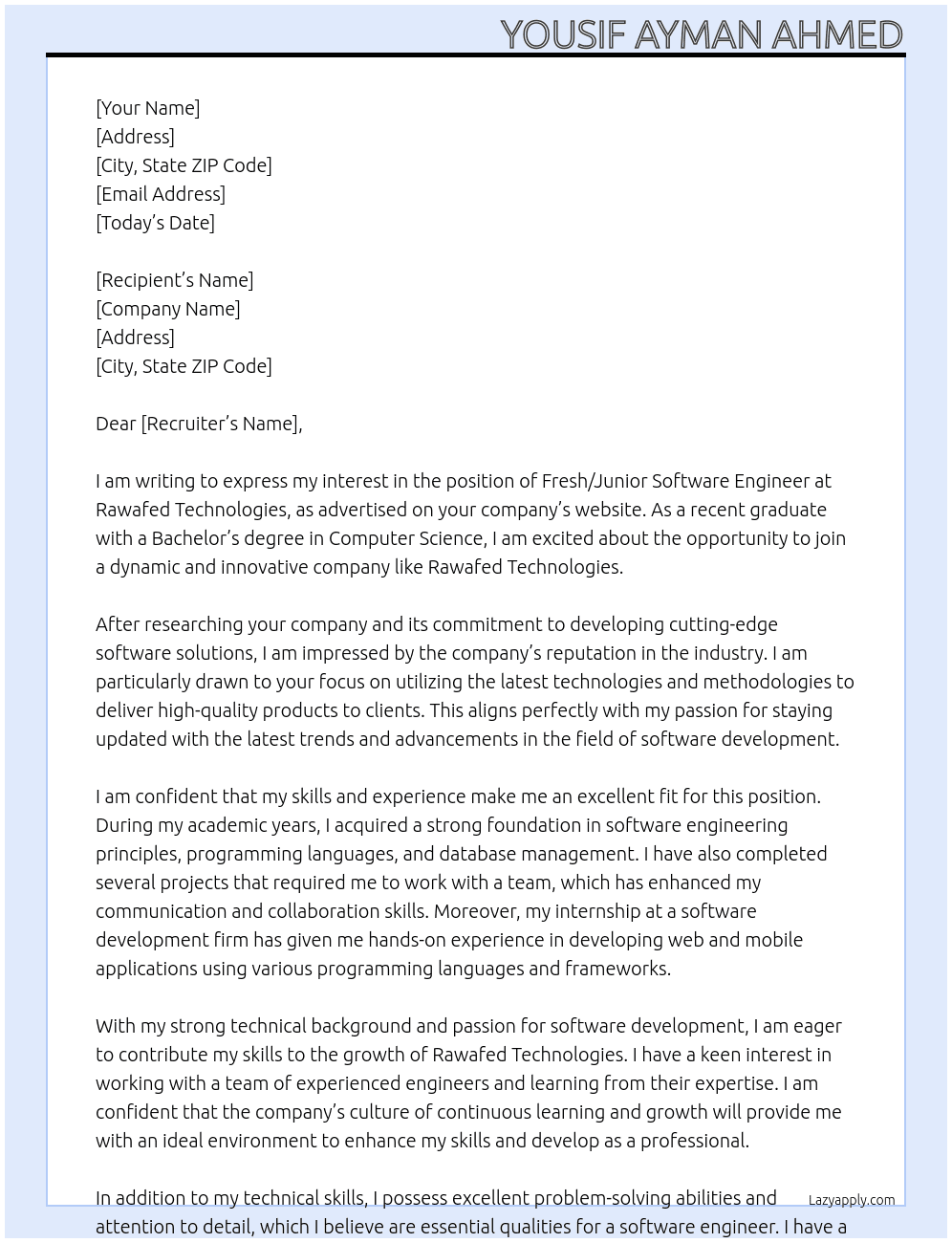 Fresh/Junior Software Engineers At Rawafed Technologies Cover Letter