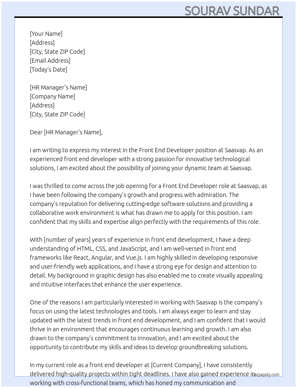 Front end developer  At Saasvap Cover Letter