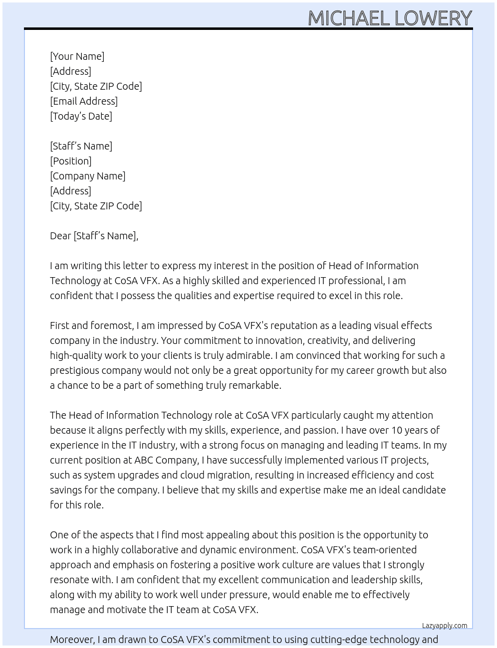 Head of Information Technology At CoSA VFX Cover Letter
