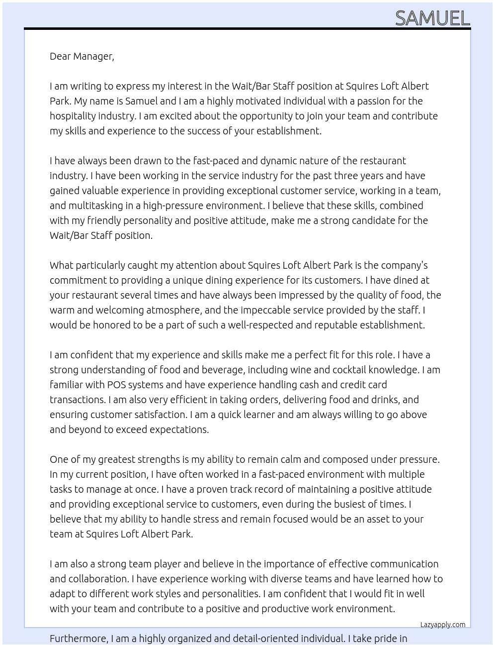 Wait/Bar Staff At Squires Loft Albert Park Cover Letter