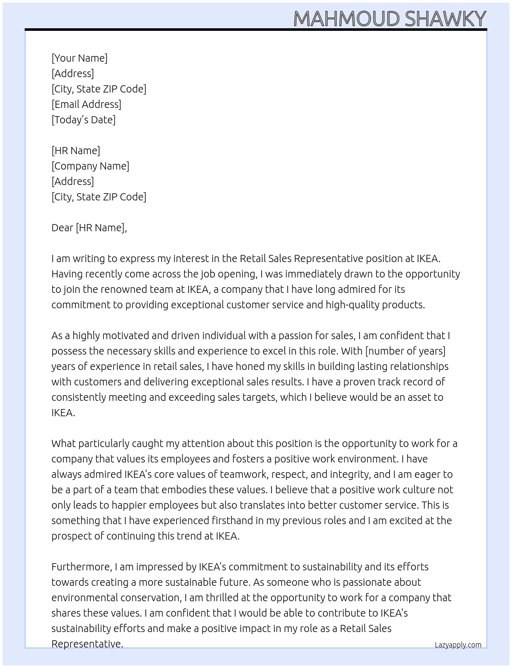 Retail Sales Representative At IKEA Cover Letter