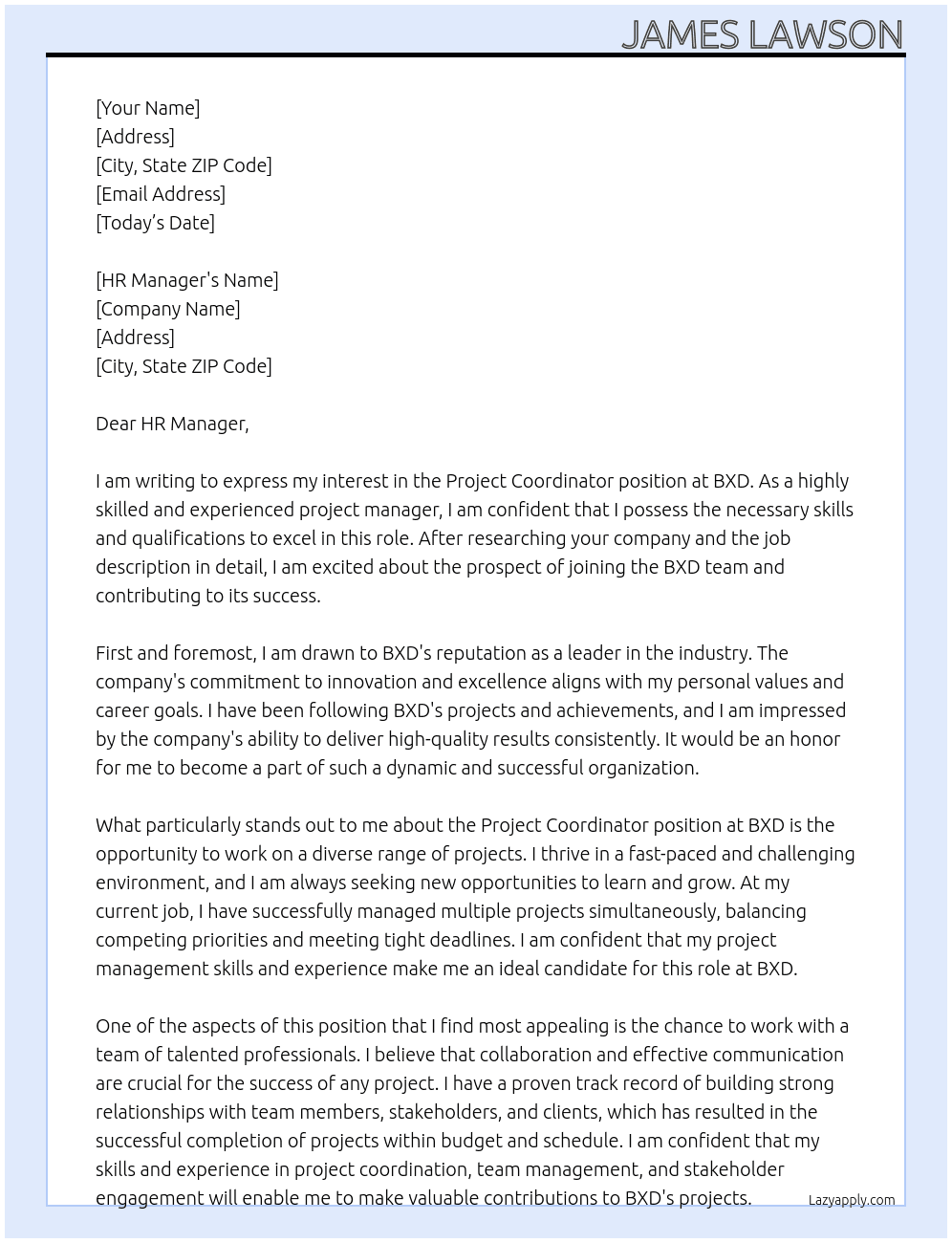 Project Coordinator At BXD Cover Letter