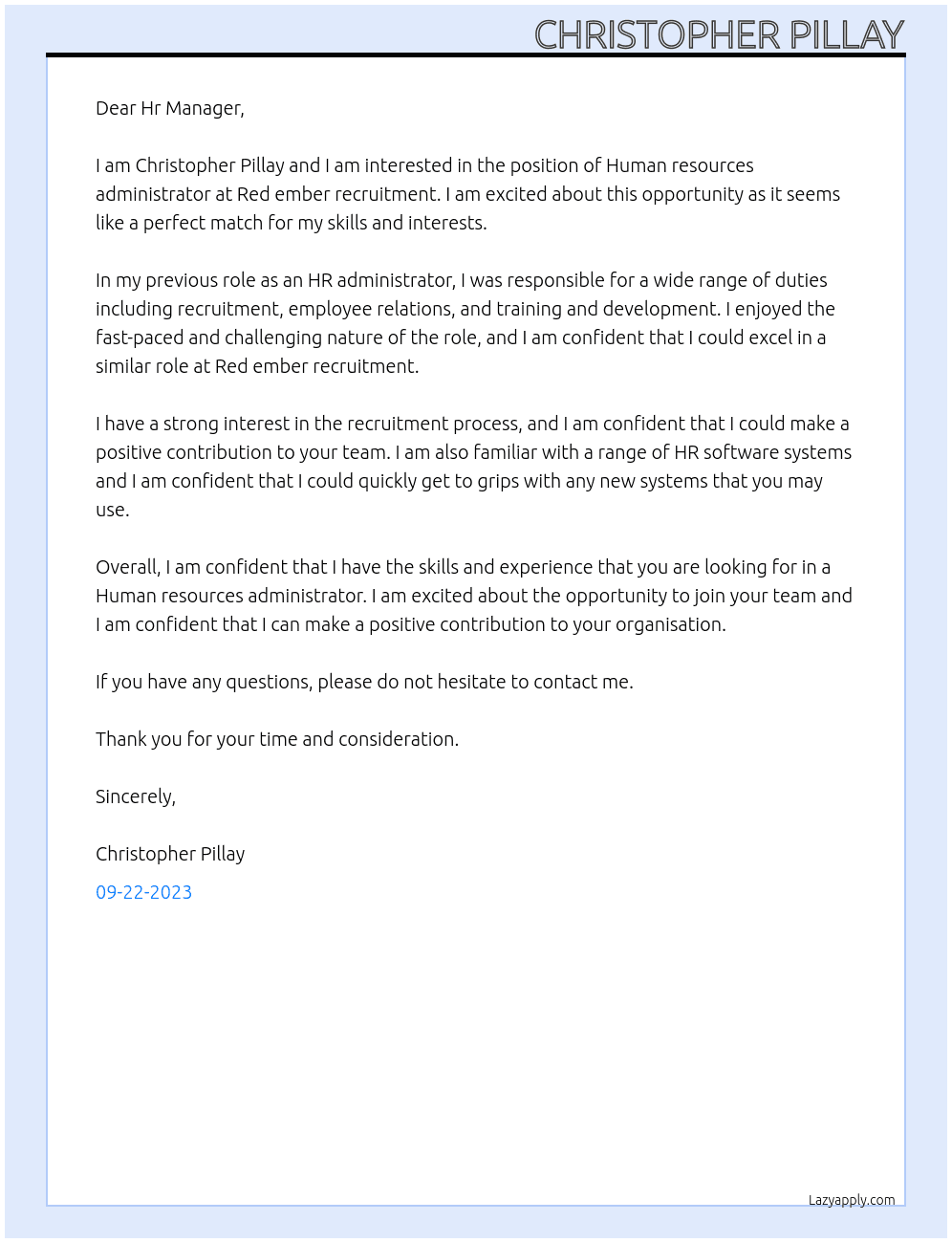 Human resources administrator  At Red ember recruitment Cover Letter