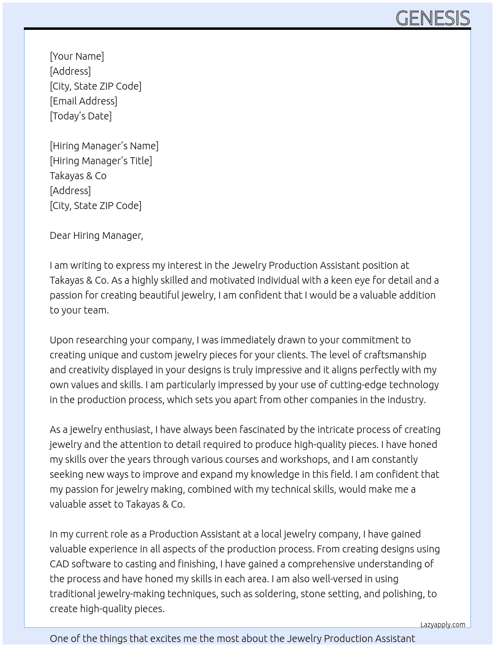 Jewelry Production Assistant At Takayas & Co Cover Letter