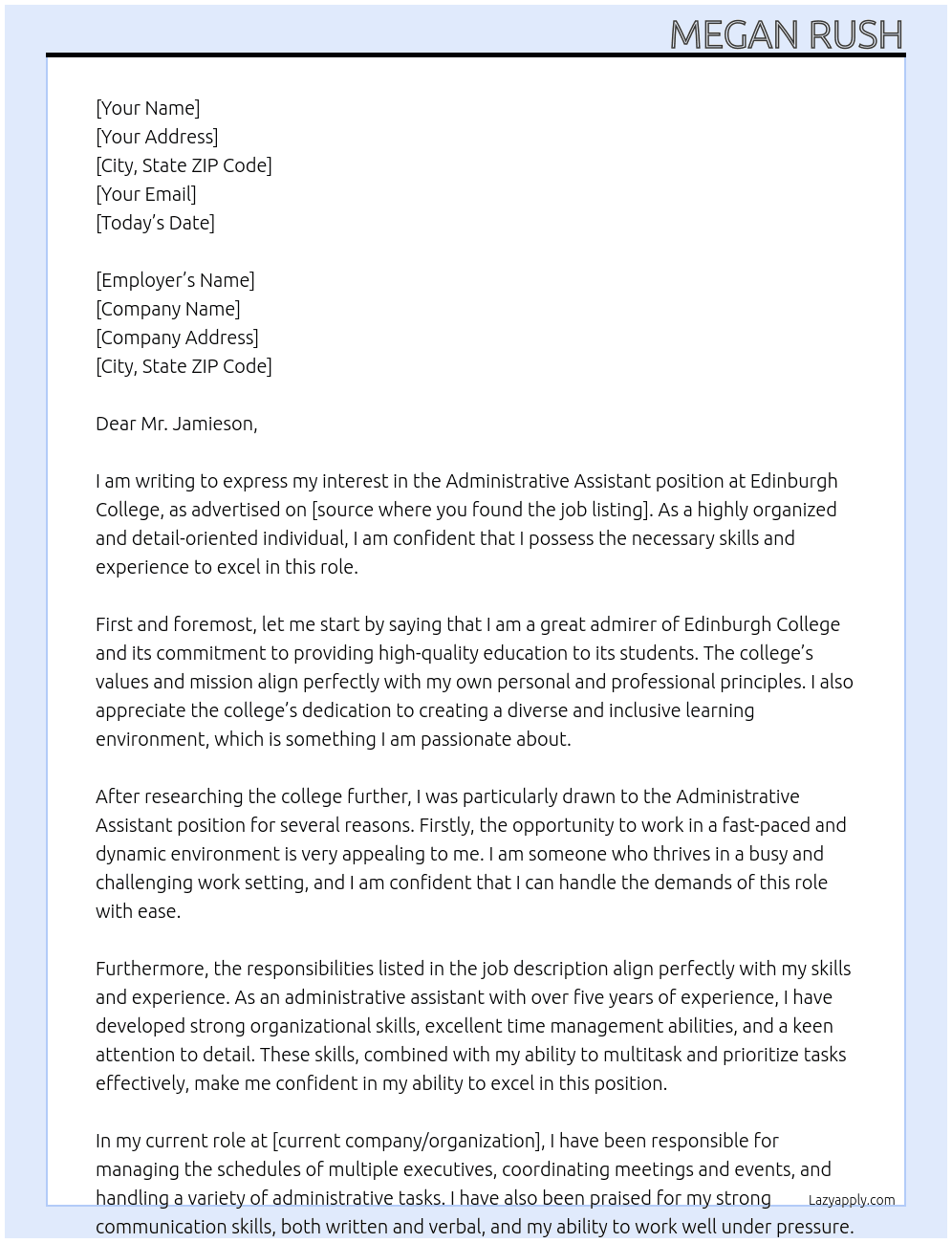Administrative Assistant  At Edinburgh College Cover Letter