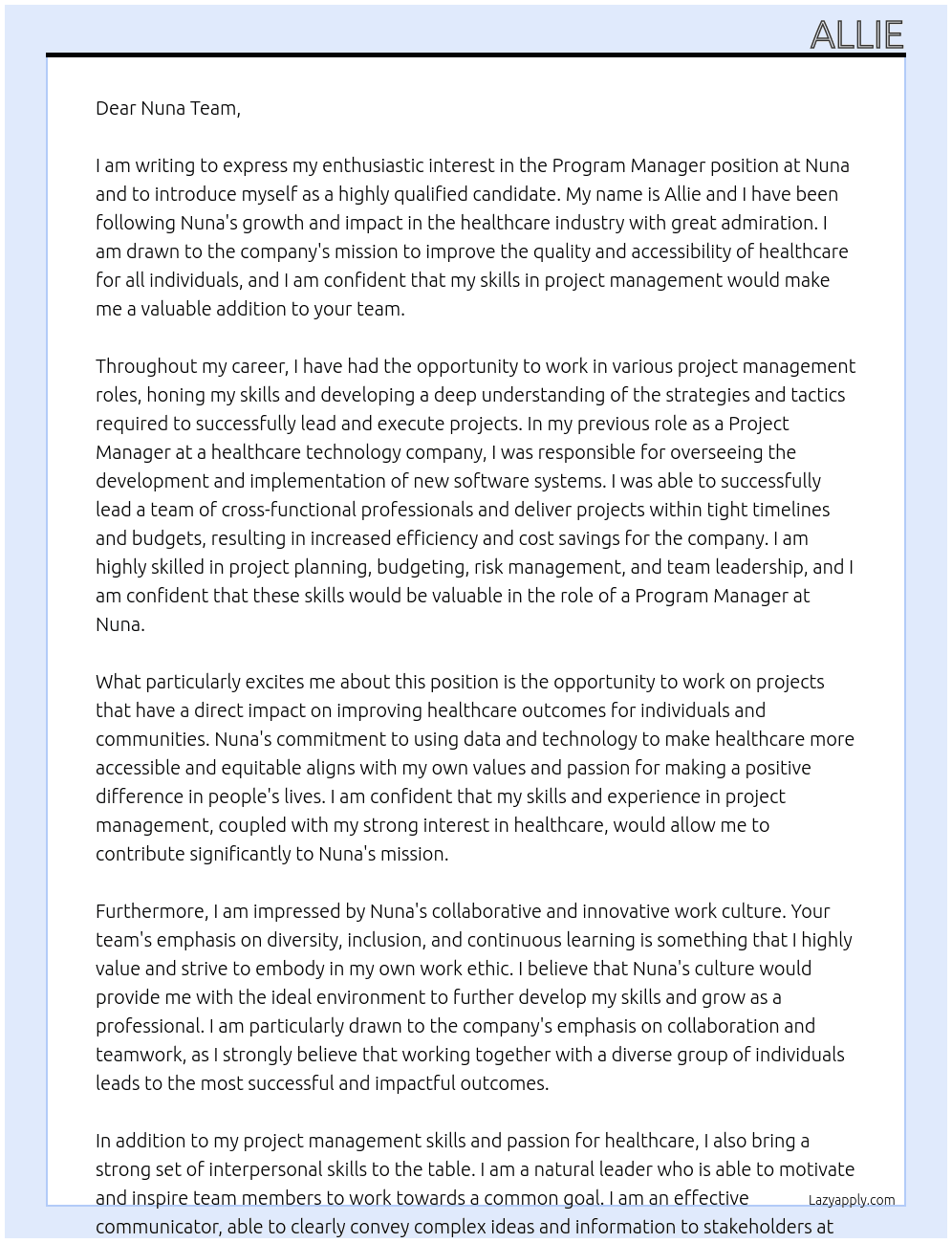 Program Manager At Nuna Cover Letter