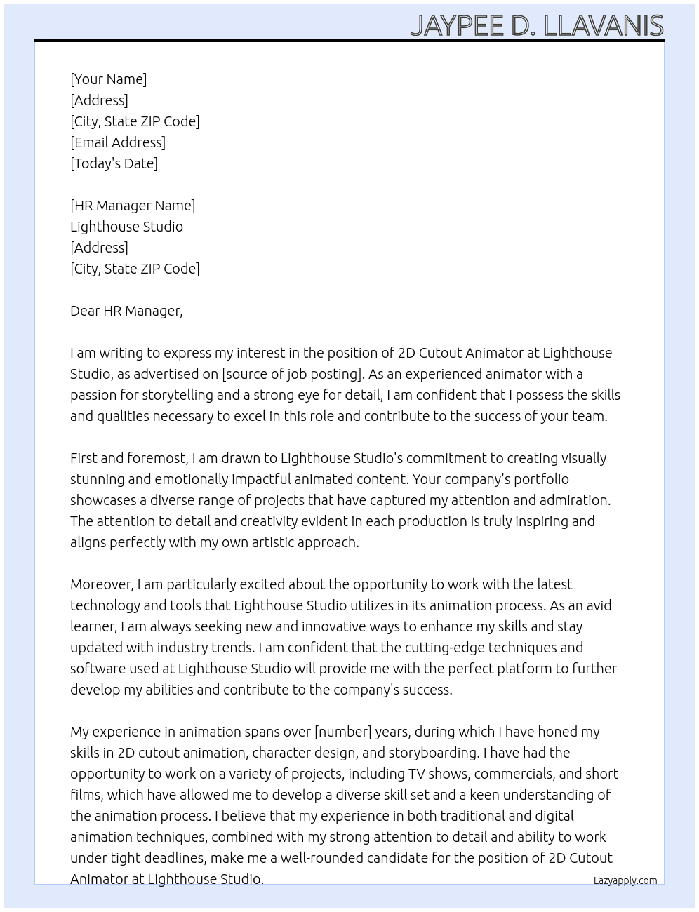 2D Cutout Animator At Lighthouse Studio Cover Letter