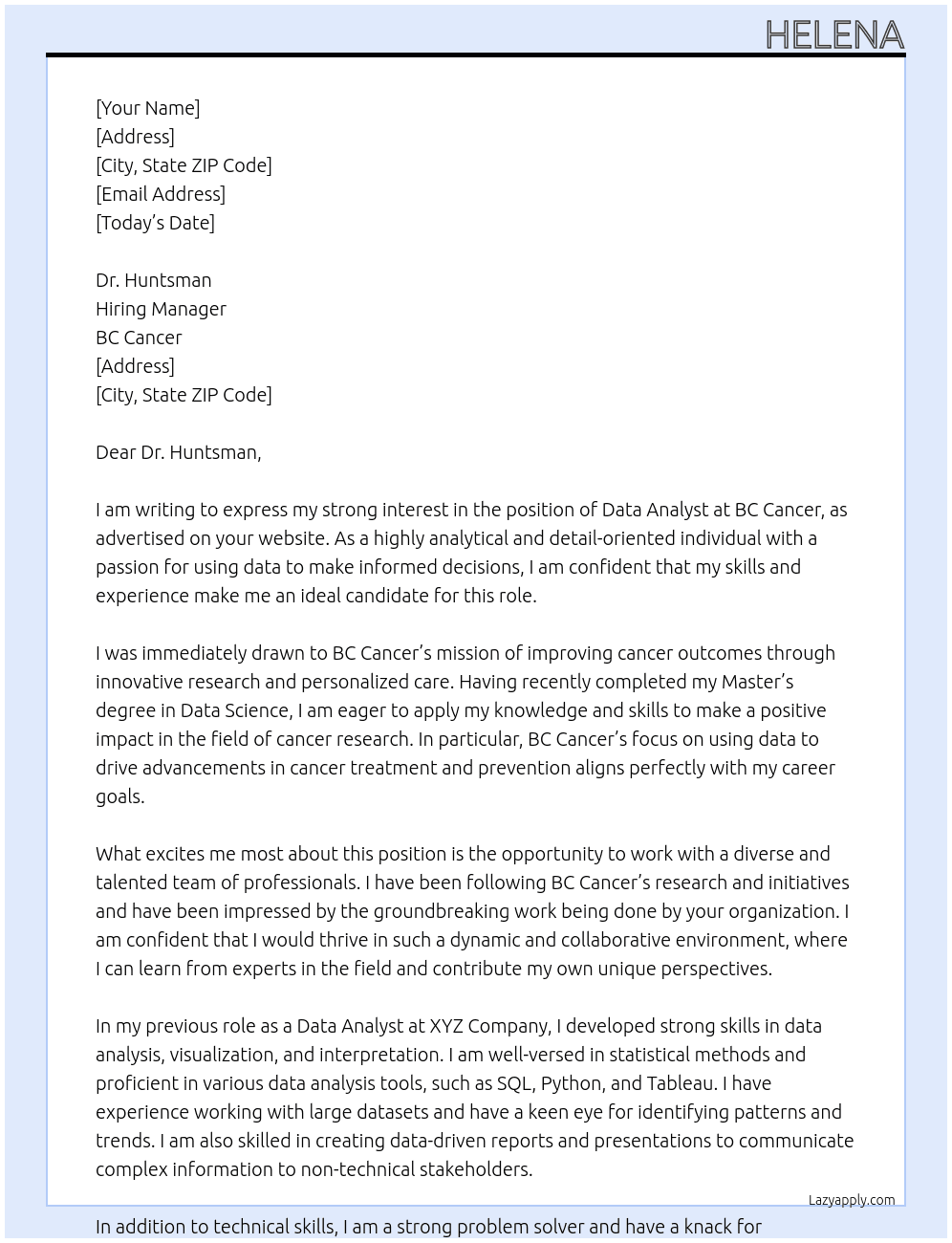 data analyst At BC Cancer Cover Letter
