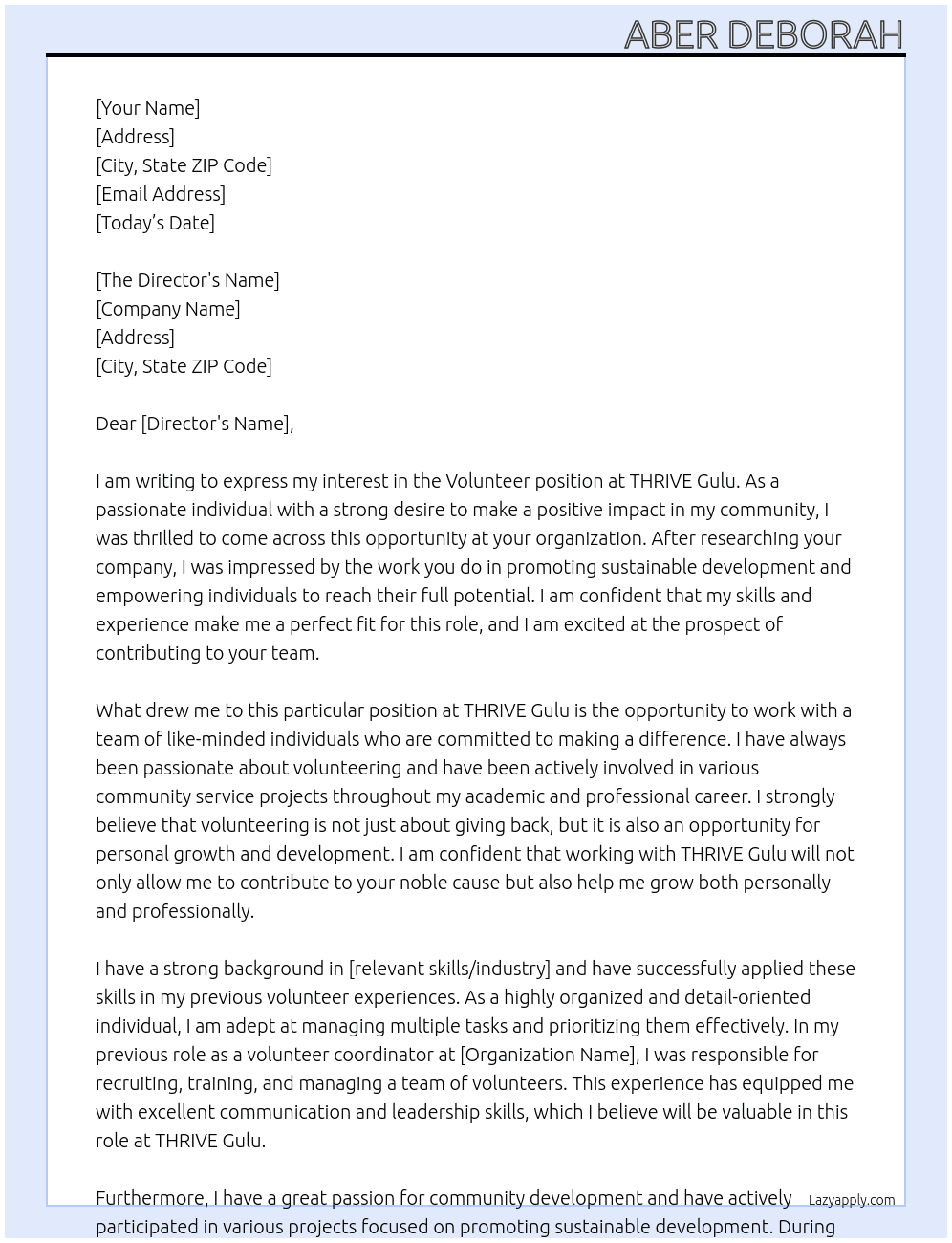 Volunteer  At THRIVE Gulu Cover Letter