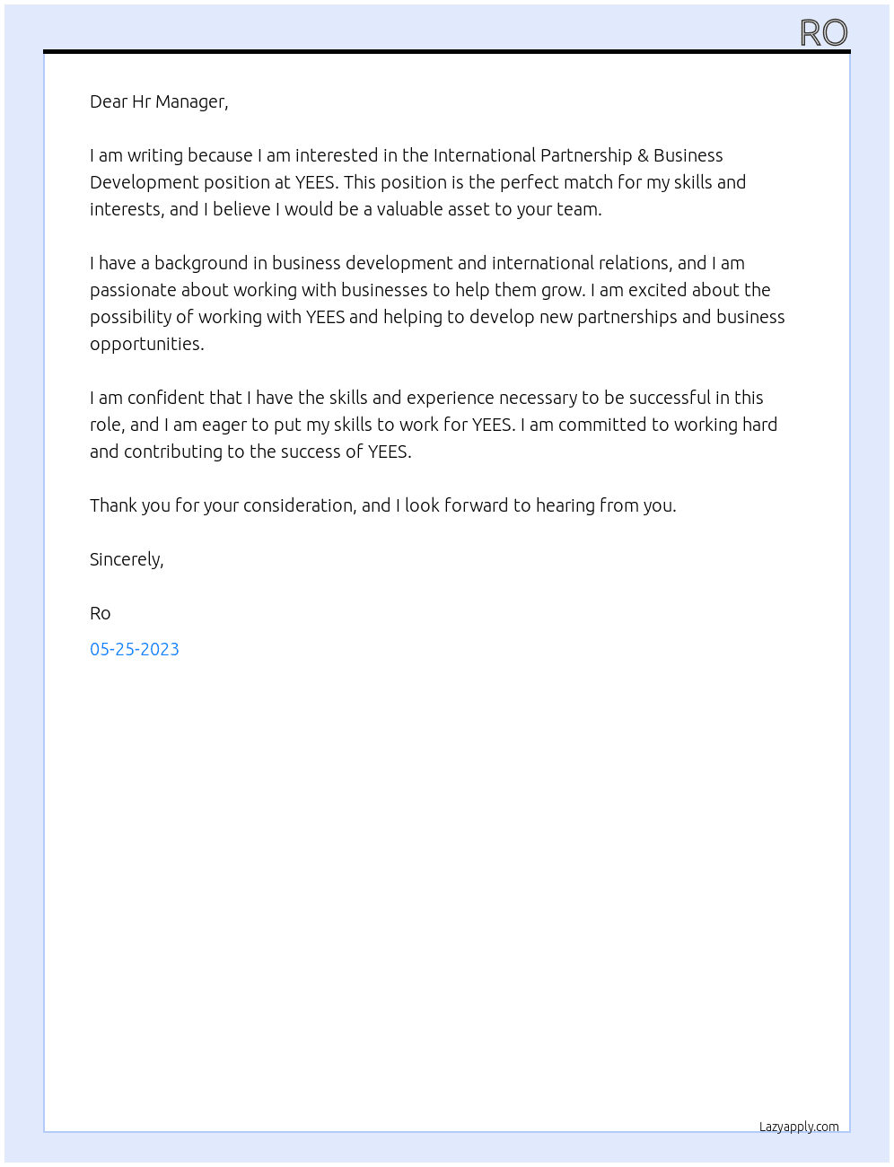 INTERNATIONAL PARTNERSHIP & BUSINESS DEVELOPMENT At YEES Cover Letter