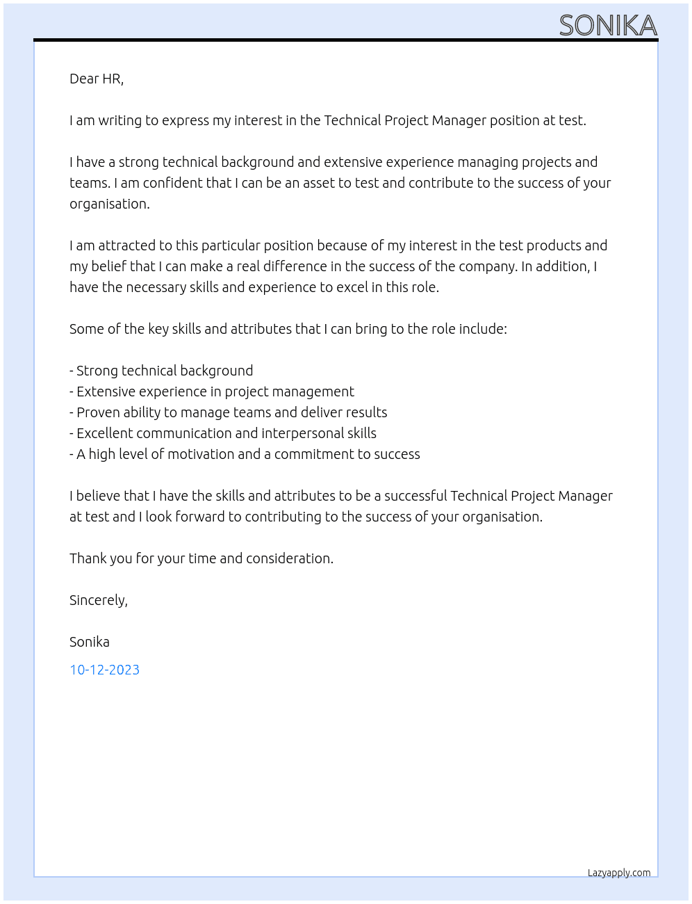 Technical Project Manager At test Cover Letter