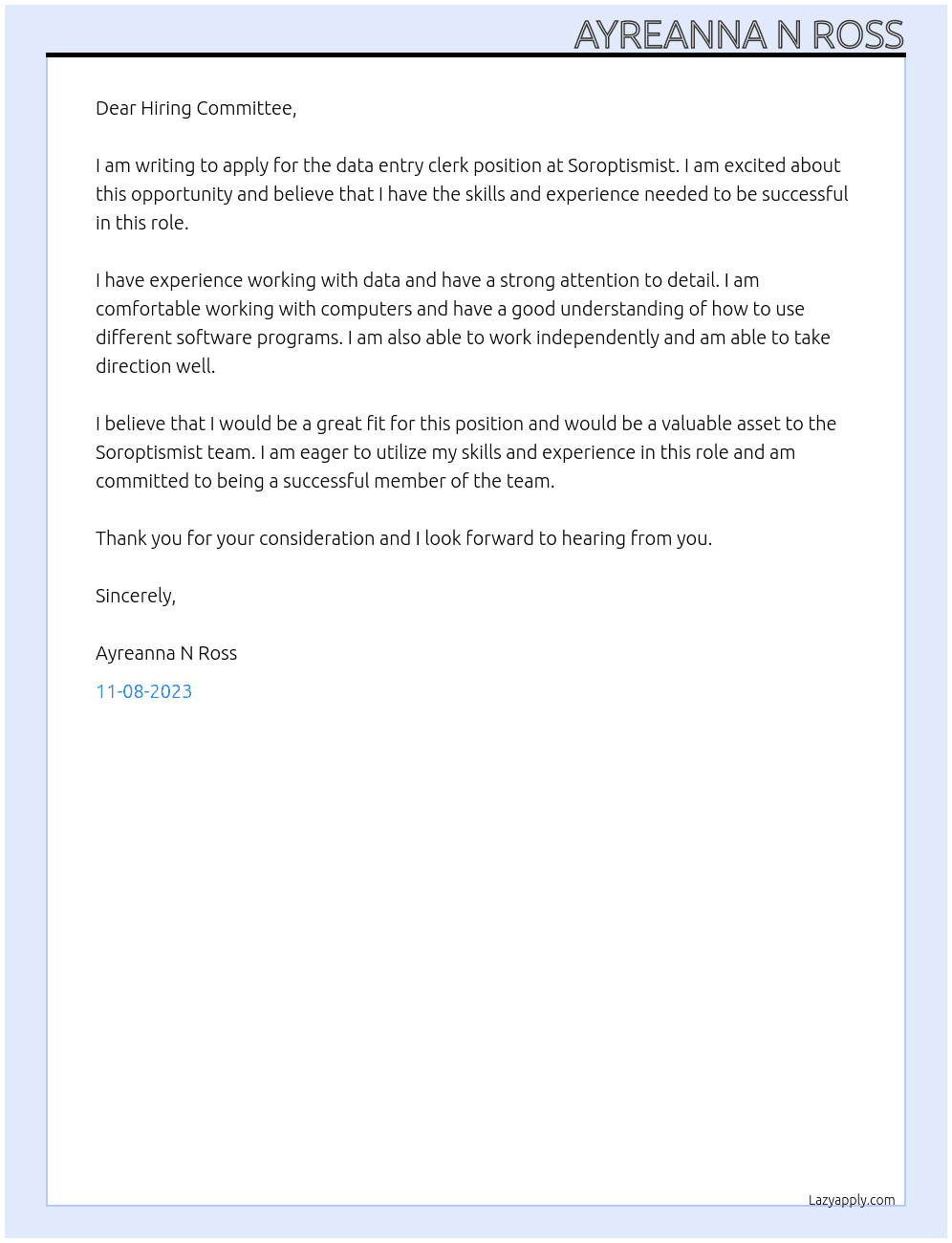 data entry clerk At Soroptismist Cover Letter