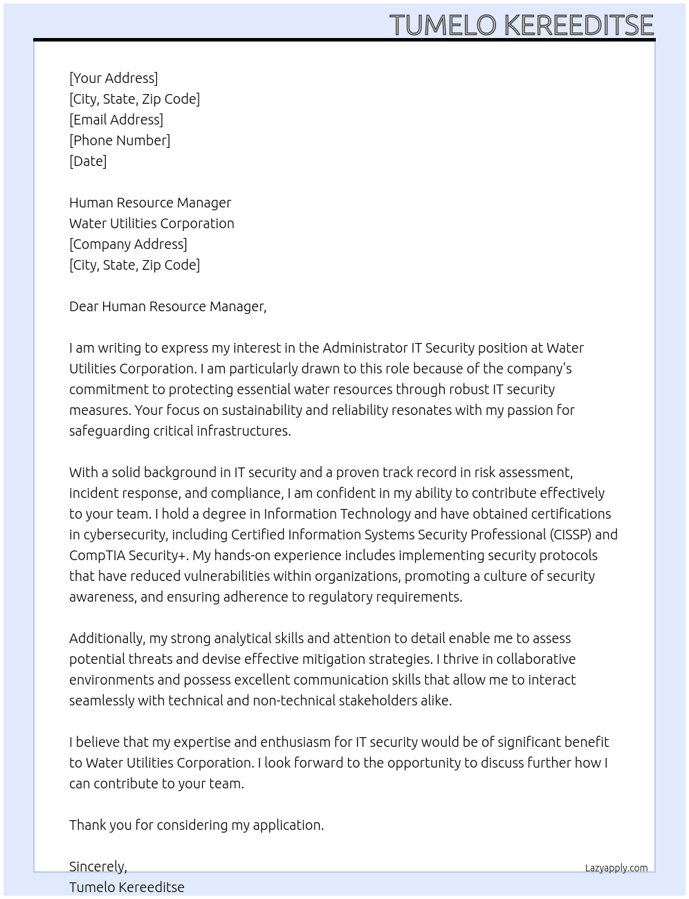 Cover letter for administrator it security - LazyApply