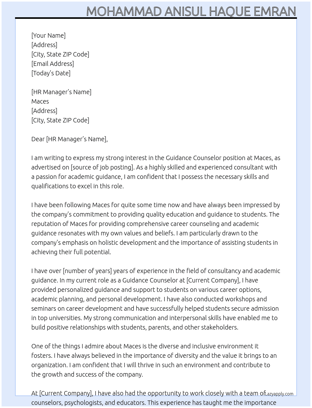 Guidance Counselor At Maces  Cover Letter