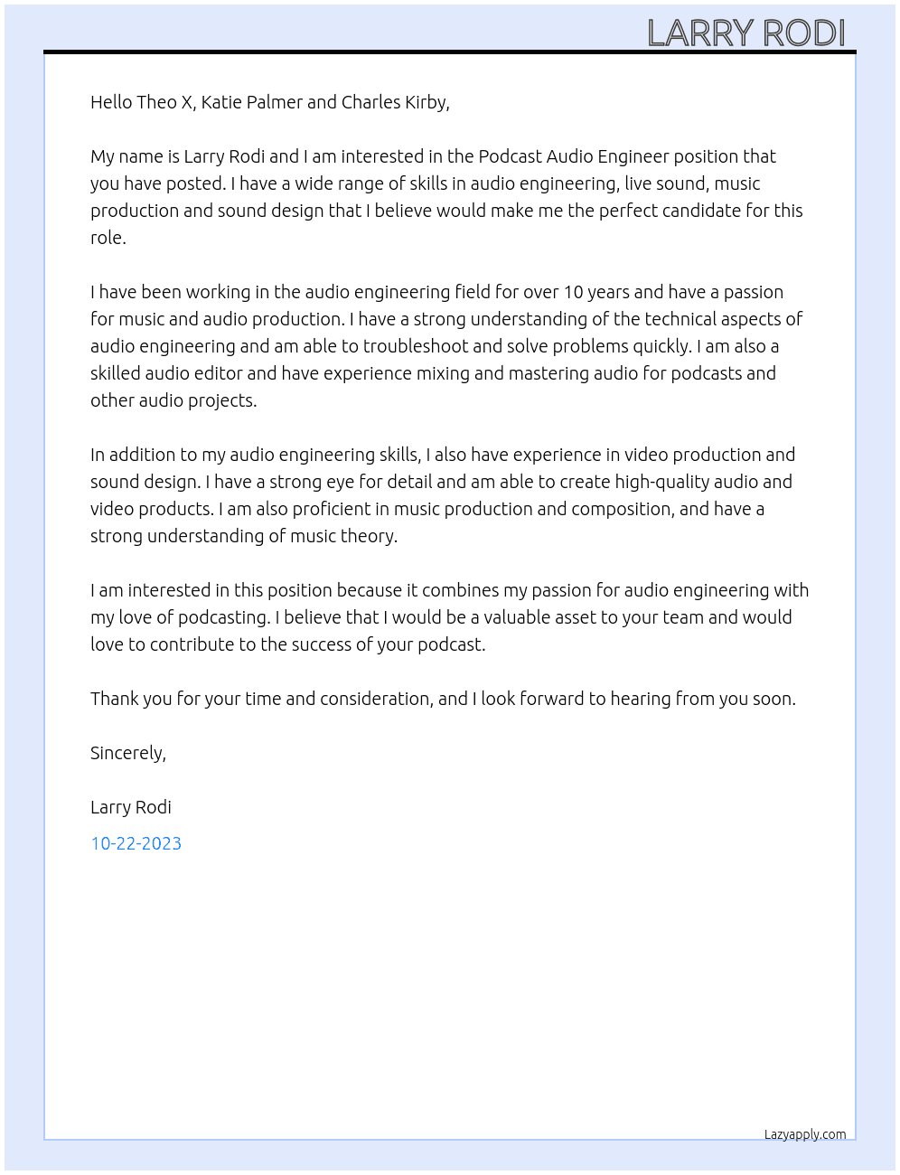 Podcast Audio Engineer At Vialucci Podcast Cover Letter