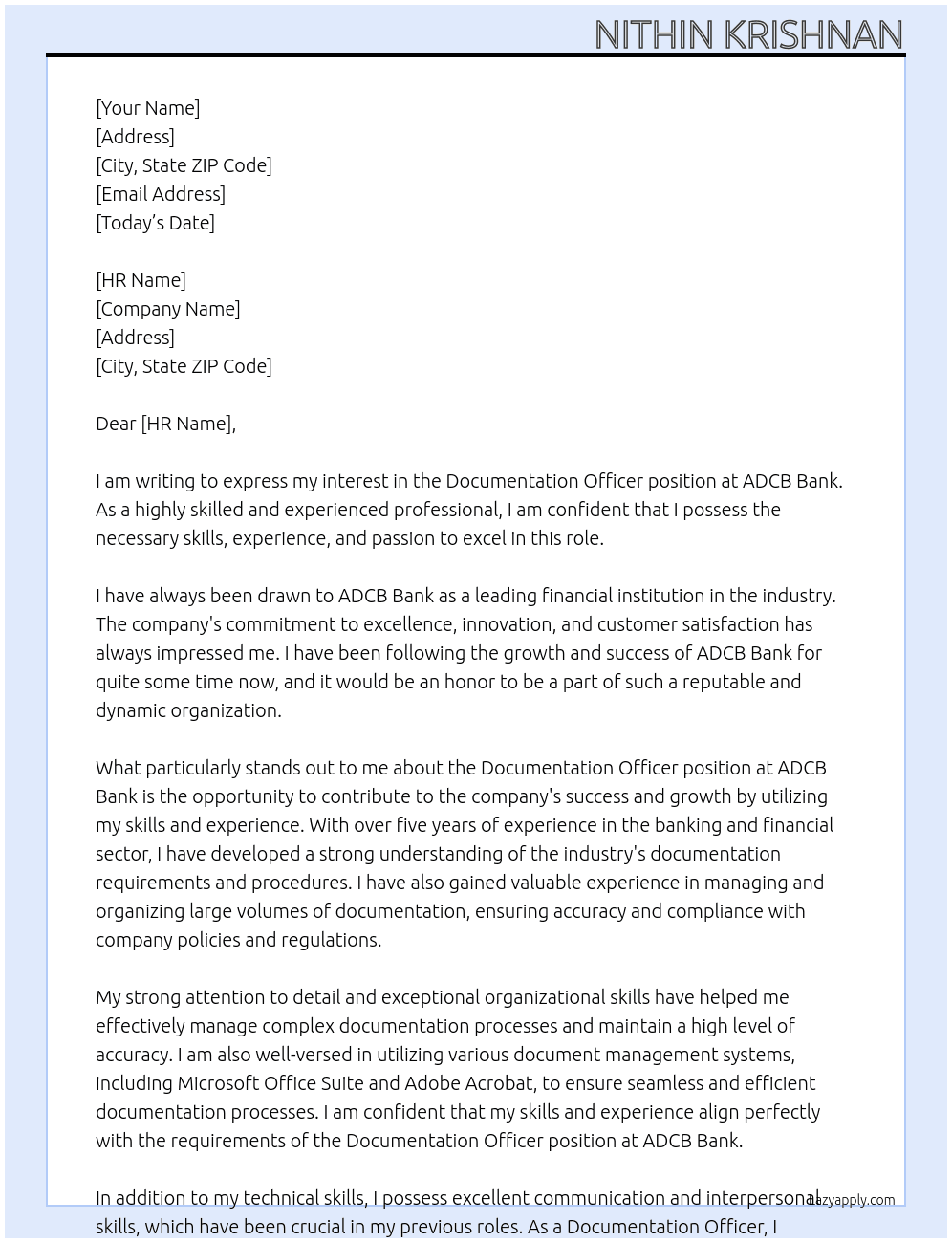 Documentation Officer At ADCB Bank Cover Letter