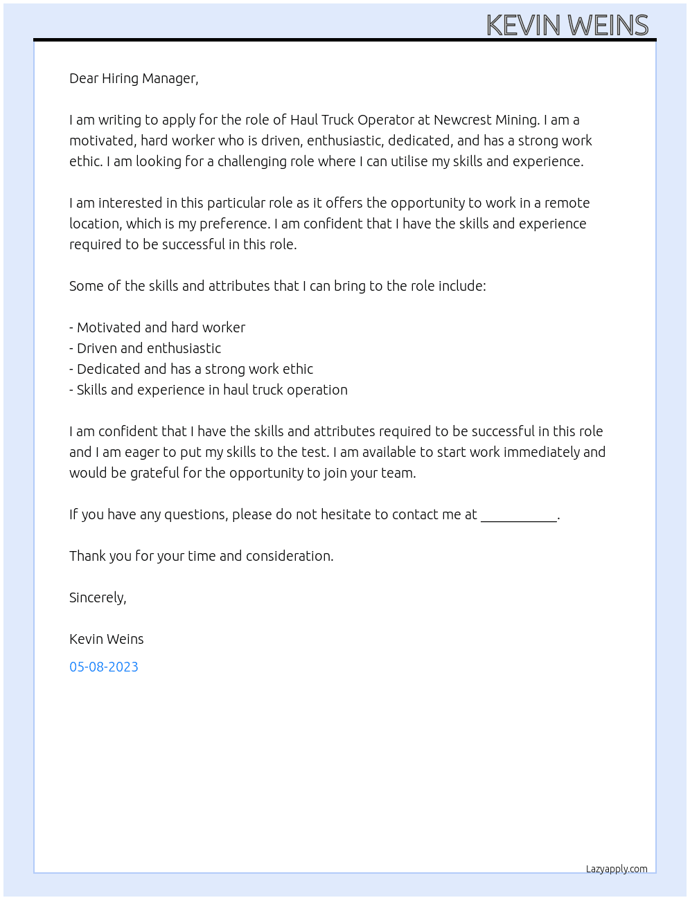 Haul Truck Operator At Newcrest Mining Cover Letter