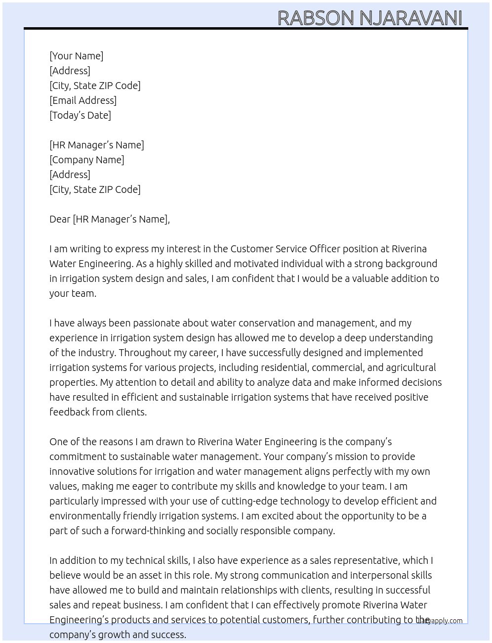 Customer service officer  At Riverina Water Engineering Cover Letter
