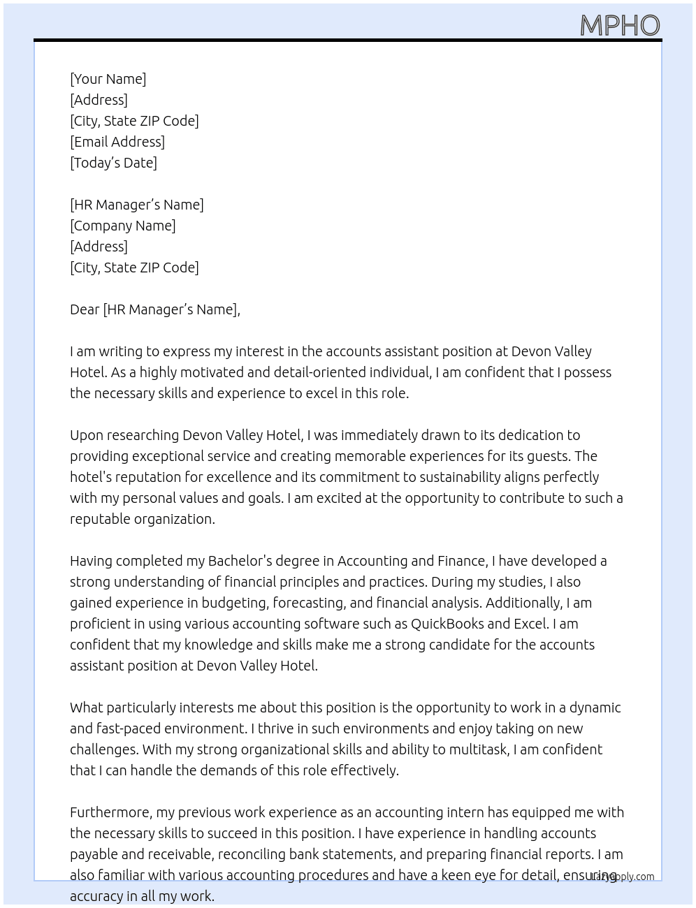 accounts assistant At Devon valley Hotel Cover Letter