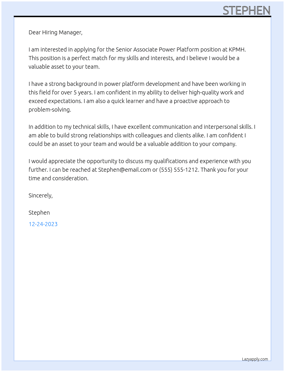 Senior Associate power platform At KPMH Cover Letter