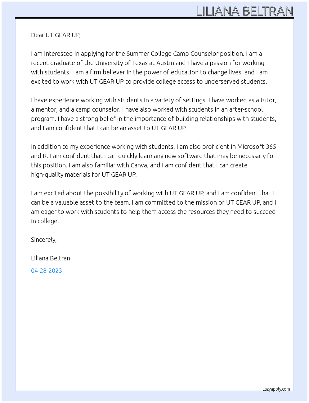 Summer College Camp Counselor  At UT GEAR UP Cover Letter