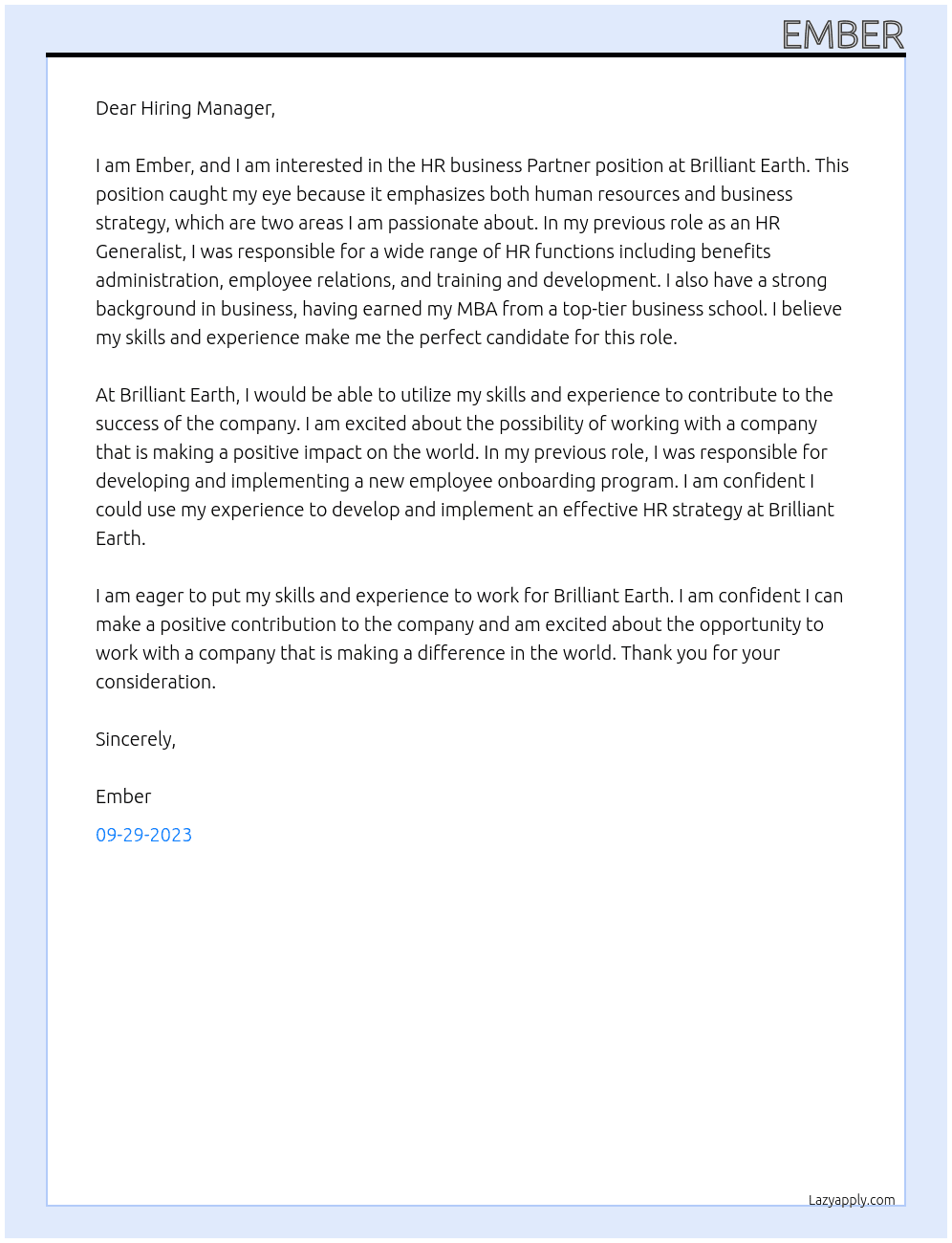 HR business Partner At Brilliant Earth  Cover Letter