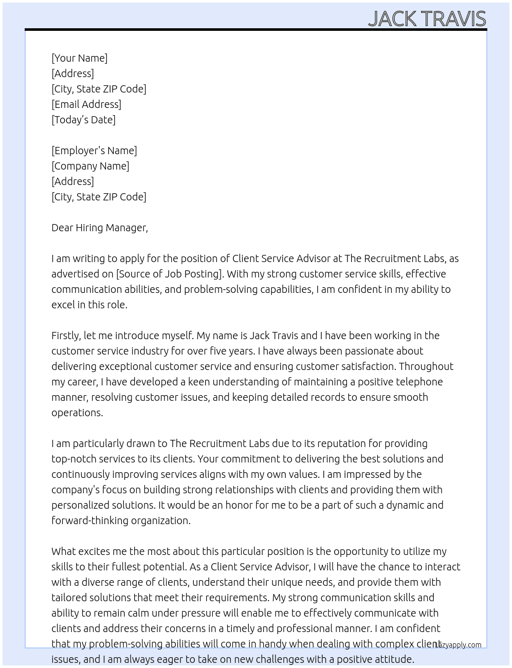 Client Service Advisor At The Recruitment Labs Cover Letter