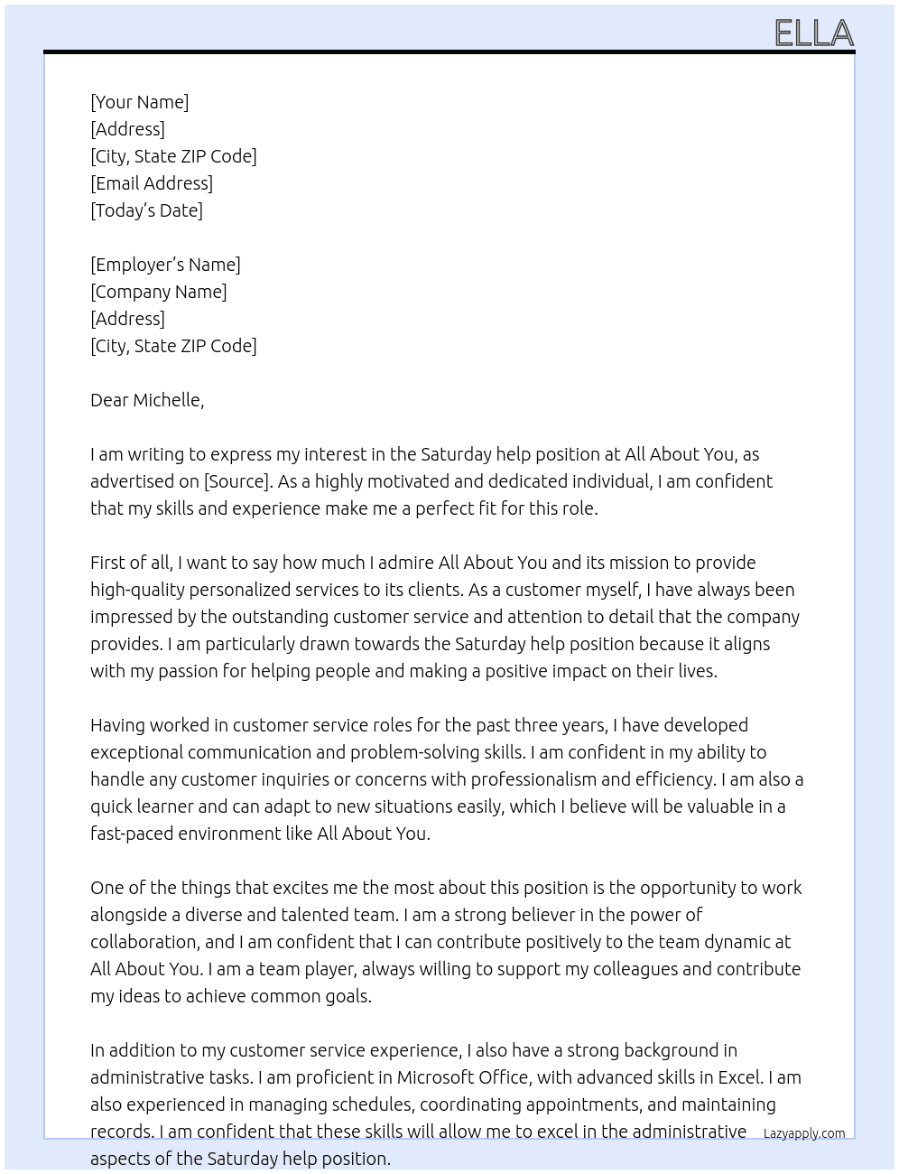 Saturday help At All about you Cover Letter