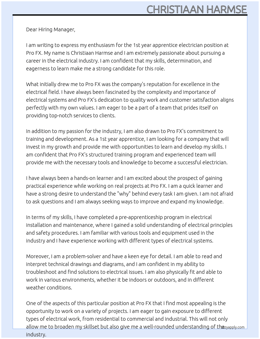 1st year apprentice electrician At Pro FX Cover Letter