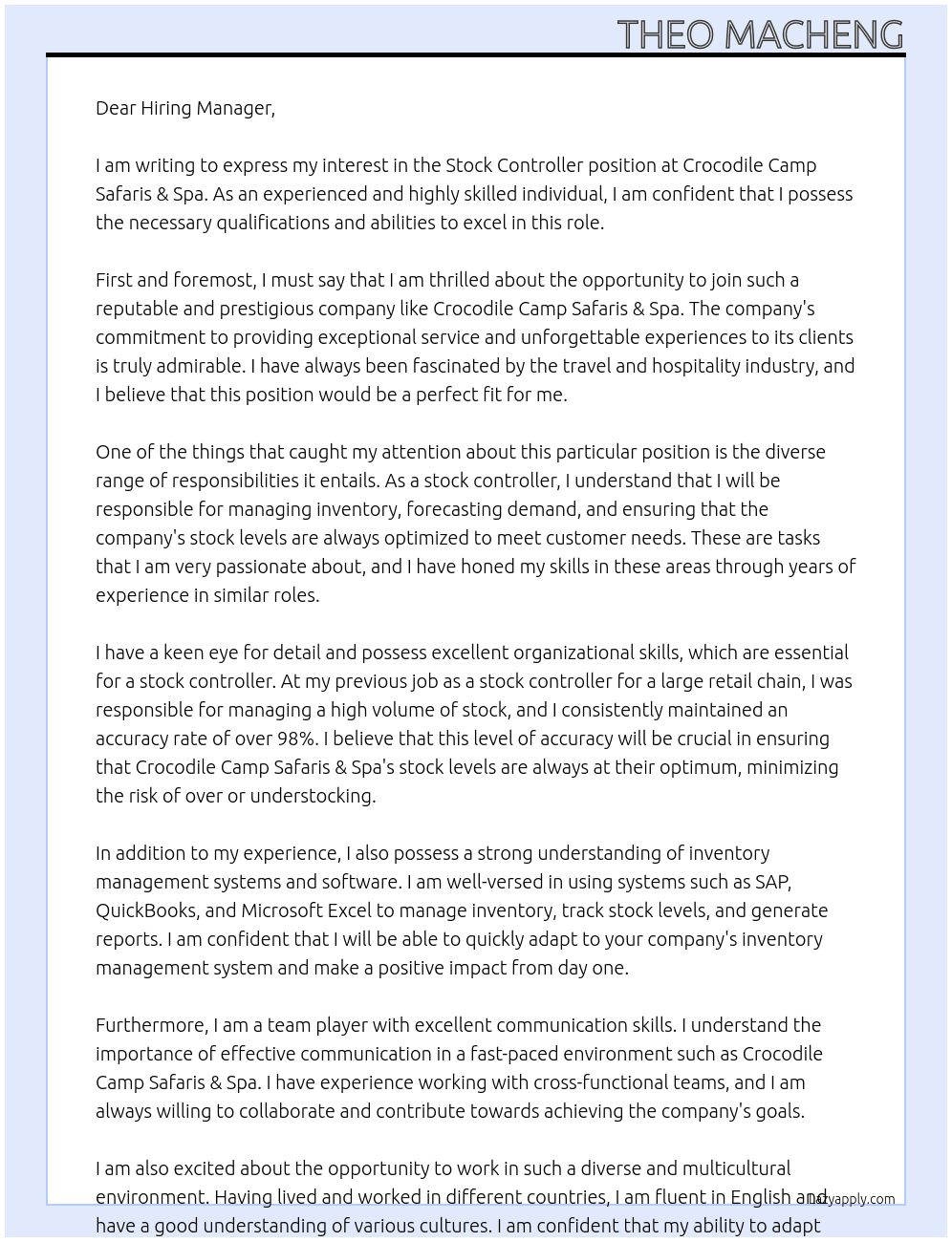 stock controller At Crocodile Camp Safaris & Spa Cover Letter