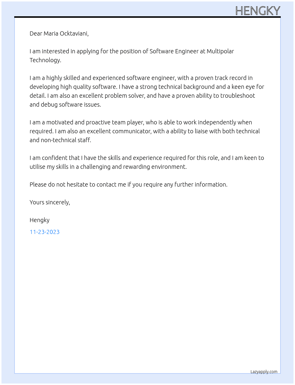 Software Engineer At Multipolar Technology Cover Letter