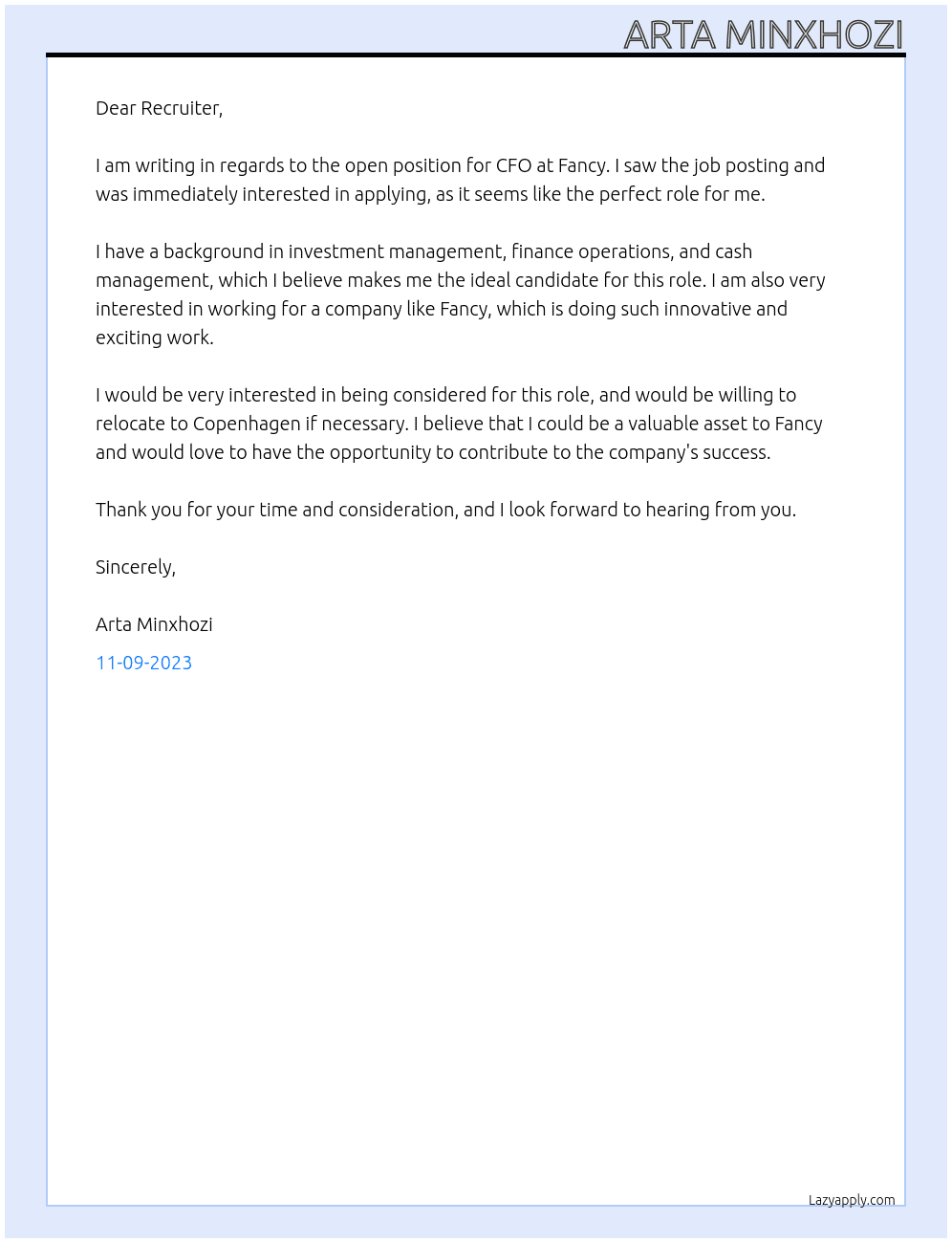 CFO  At Fancy  Cover Letter