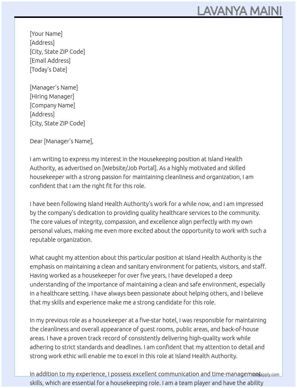housekeeping At island health authority Cover Letter