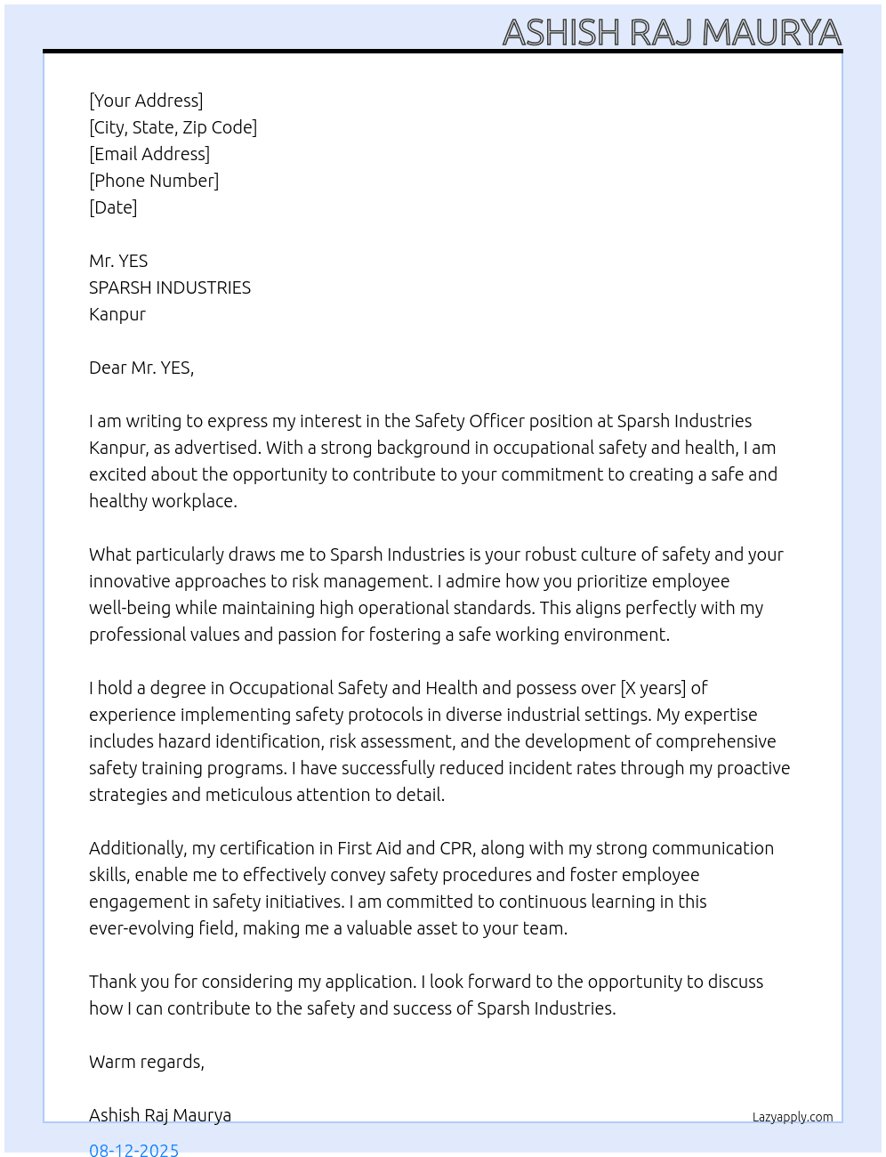 safety officer At SPARSH INDUSTRIES KANPUR Cover Letter