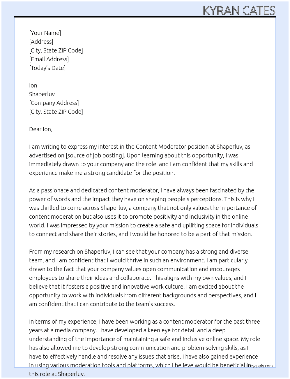 Content moderator At Shaperluv Cover Letter