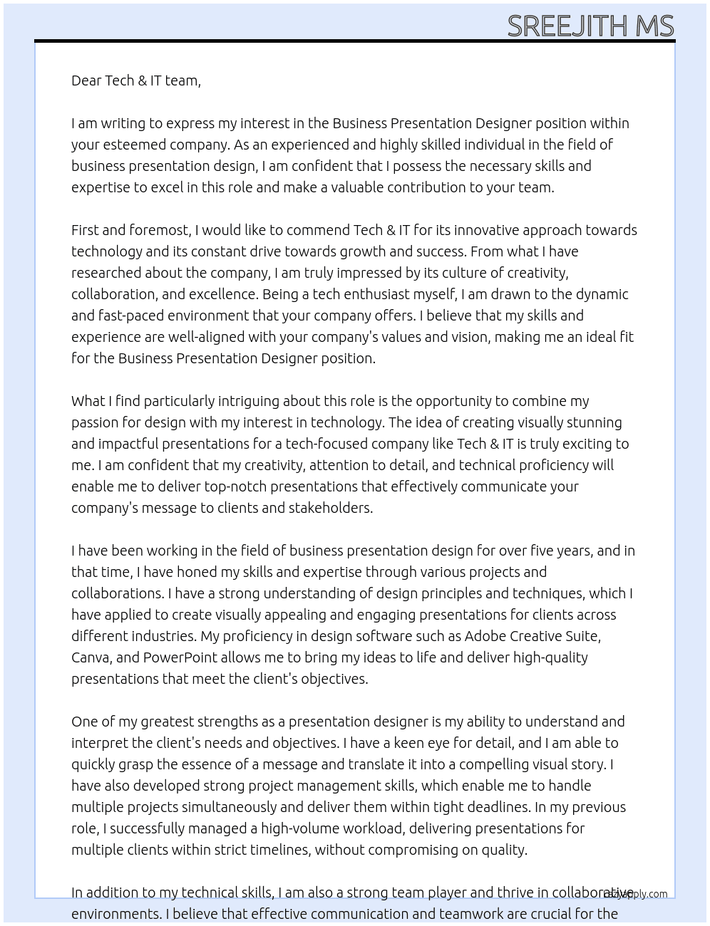 Business Presentation Designer At Tech & IT Cover Letter