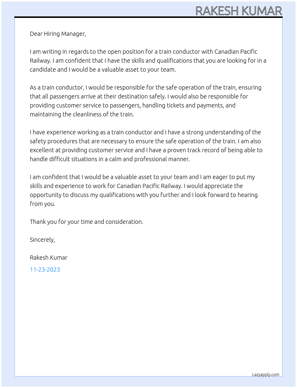 Train conductor At Canadian Pacific Railway Cover Letter