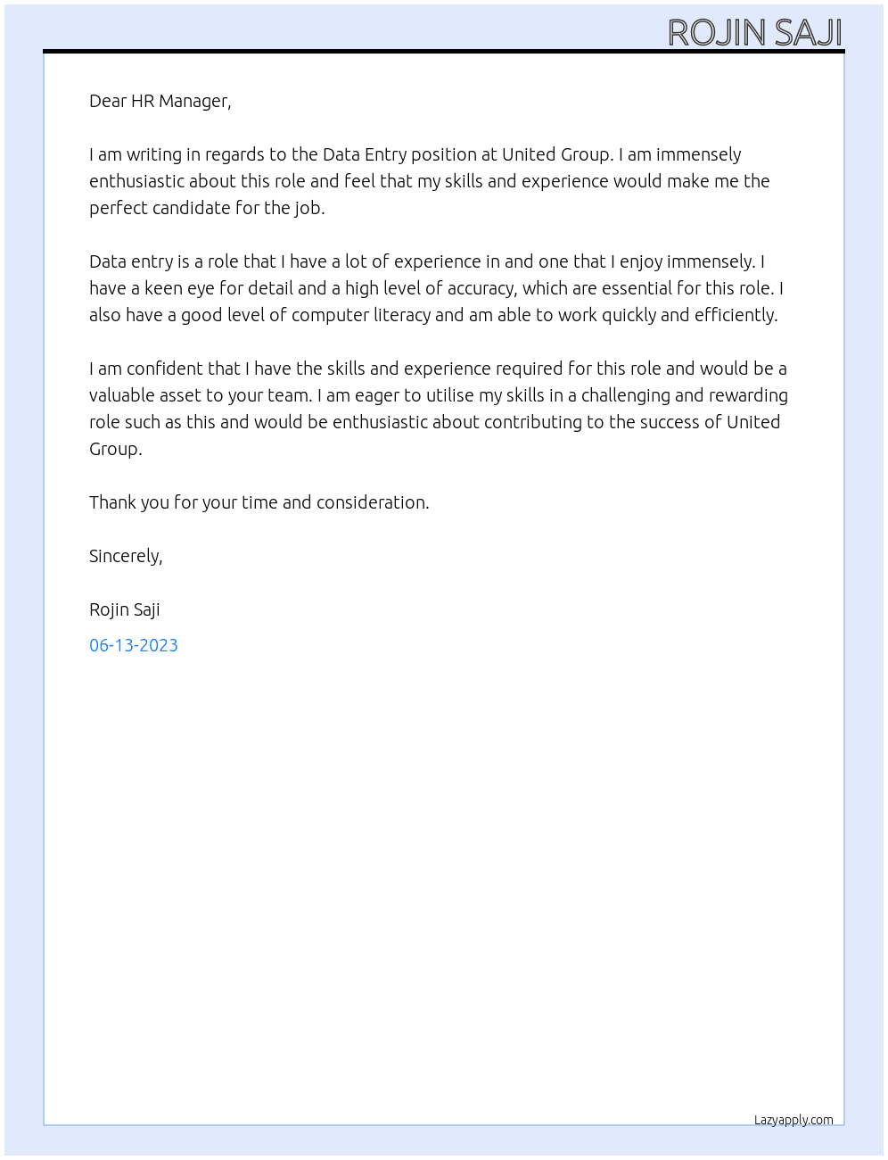 DATA ENTRY  At United Group Cover Letter