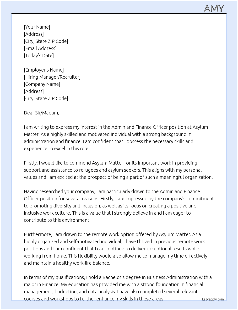 Admin and Finance Officer At Asylum Matter Cover Letter